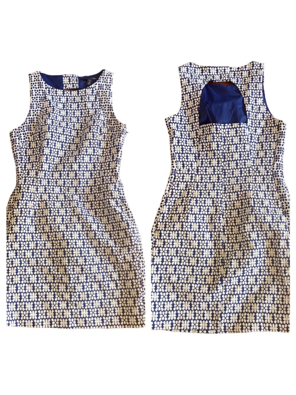 Banana Republic Factory Navy Blue Jacquard Sheath Dress 10 Petite Cut Out